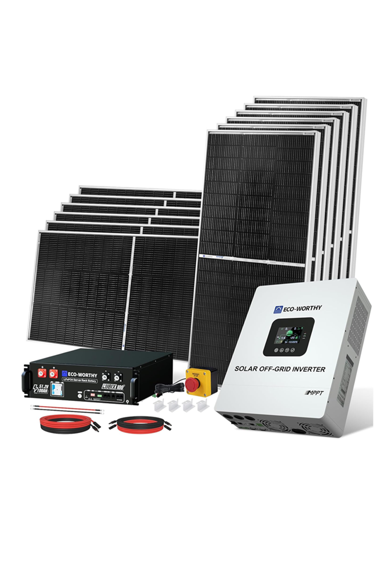 ECO-WORTHY Complete Off-Grid Solar Kit：5000W 120V/48VDC Solar Off-Grid Inverter+10.24kWh Integrated Communication Battery Bank+24×195W Mono Solar Panels