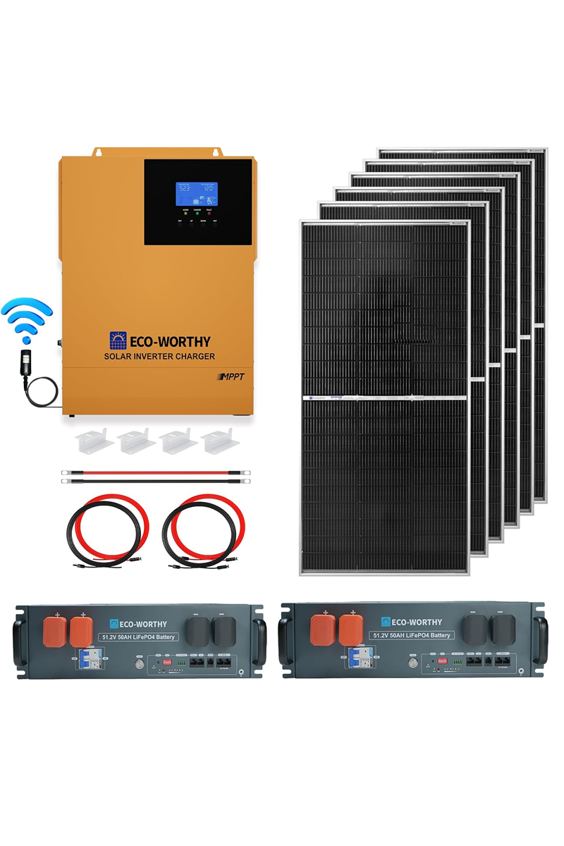 ECO-WORTHY 48V Off Grid Solar System Complete Kit 1200W Pro 4.68KWH Solar Panel Kit for Home：6pcs 195W N-Type Bifacial Solar Panels + 2Pcs 48V 50Ah LiFePO4 Server Rack Batteries + 3500W Solar Inverter
