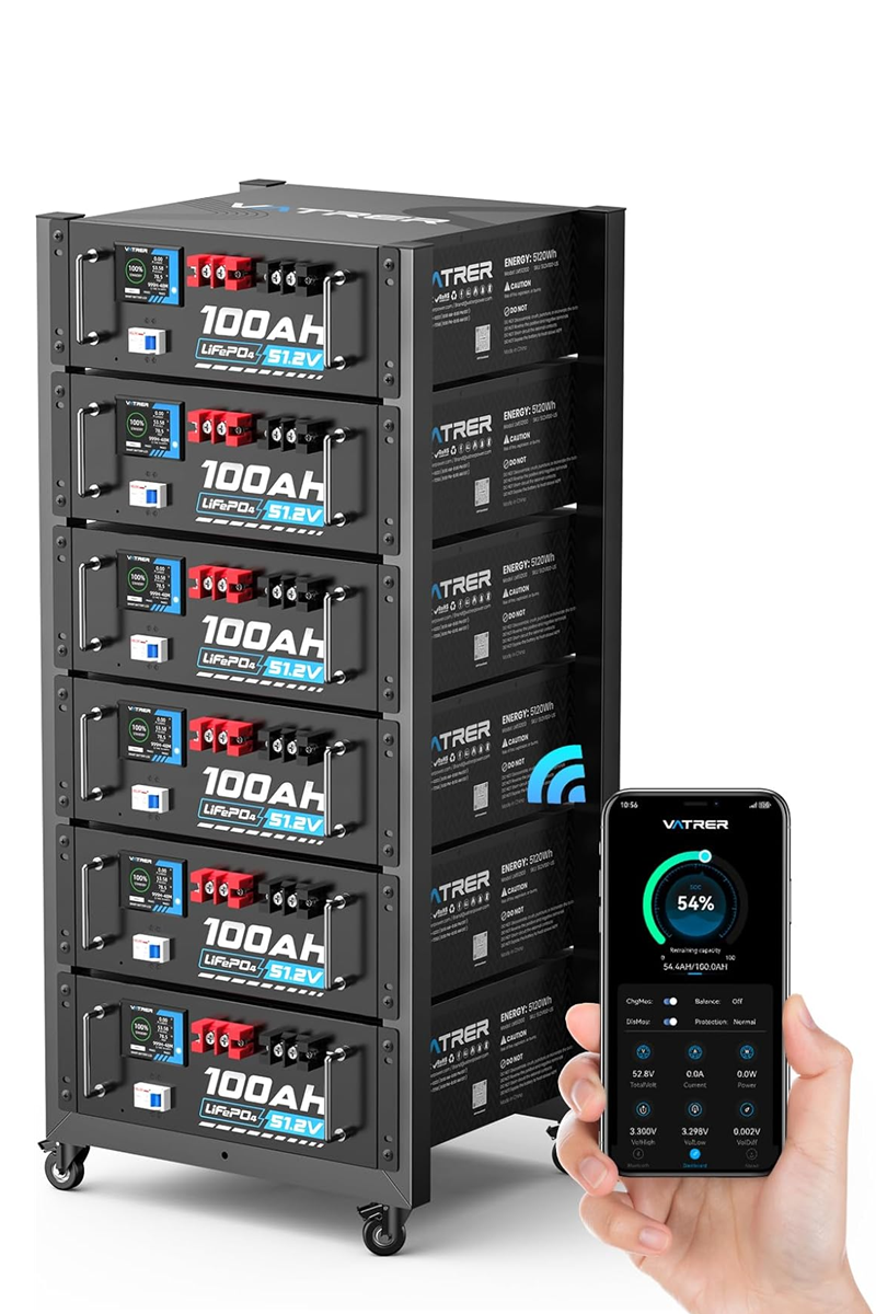Vatrer 51.2V 100AH Lithium LiFePO4 Battery (6Pack), Built-in 100A BMS, with Touchable Display & APP, Max. 5.12KW Power Output, Free Server Rack Included, Perfect for Solar System & Off-Grid